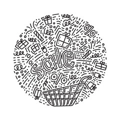 Obraz premium Hand drawing trading symbols background. Discounts. Big sale. Doodle sketch style, vector illustration. For vertical banners, posters, leaflets.