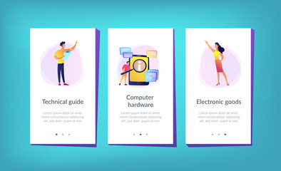 User looking for information in tablet with magnifier. Electronic goods technical assistance guide, manual for computer hardware and software concept, violet palette. App interface template.