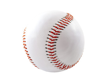 Sports equipment and american leisure activity concept with a white leather ball used in the game of baseball isolated on white background with a clip path cutout