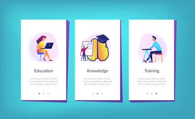 Brain with magnifier, academic cap and user learning. Education and learning style landing page. Learning and brain process, memory and knowledge. UI UX GUI app interface template.