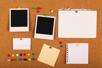 Blank Notes, Photos And Pins On Pinboard Close-up