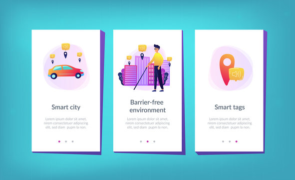 A blind man crossing the street with smart tags and voice notifications around. Barrier-free convenient environment as IoT and smart city concept, violet palette. UI UX GUI app interface template.