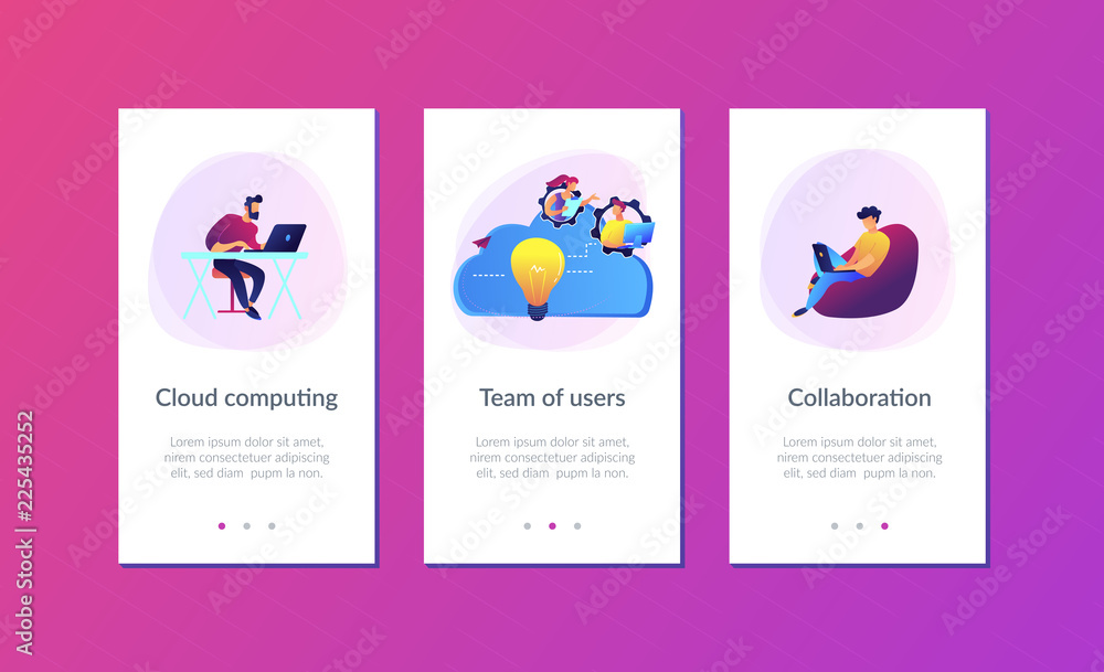 Poster coworking team of users connected by cloud computing and light bulb. online collaboration, remote bu