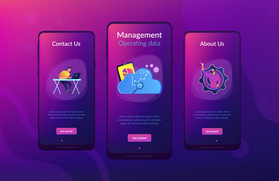 Developers drawing chart, monitoring applications. Computing resourses, operaing data and services, cloud technology organization and management concept, violet palette. UI UX GUI app interface
