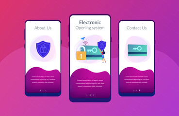 Fototapeta na wymiar Access control card with key and lock and woman with protection shield. Electronic opening system, security system, automatic access card concept, violet palette. UI UX GUI app interface template.