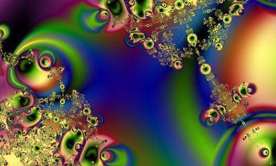Abstract digital artwork. The play of light and color in drops of liquid on a blurred background. Fractal graphics technology.