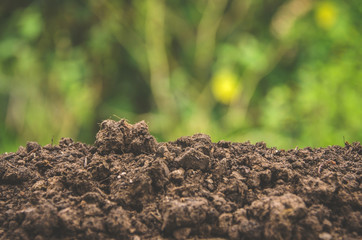 Preparing soil for agriculture and Pile of soil with green background.