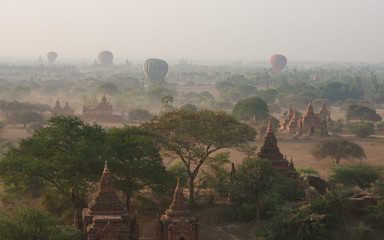 Hot air balloons rising over Bagan, Myanmar