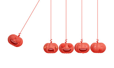 Cute smiling cartoon of orange pastel pumpkin head jack emoji newton cradle physic, Design creative concept for happy Halloween day festival, isolated on white background. 3D rendering.