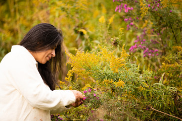 Hispanic Woman Enjoying the Colorful Wild Flowers at Forest Preserve