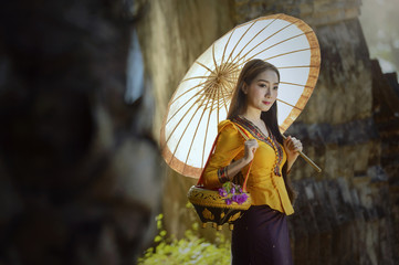 woman wearing laos traditional dress costume,vintage style,Laos culture,Laos