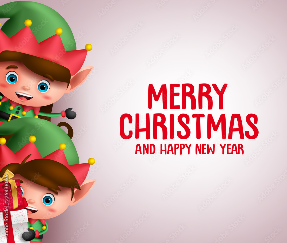 Poster christmas vector background template with kid elves characters showing merry christmas greeting in a