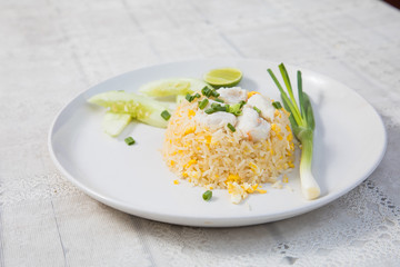 Fried rice with Crab on the wooden table from top view