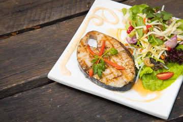 green and healthy food, Spotted mackererls salad on white disk