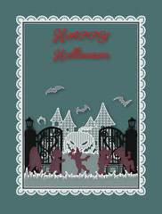 Group of children lace vector are running in halloween night.Children silhouette on black background.Trick or treat lace art highly detailed in line art style.