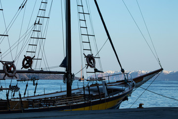 Sailboat at dock, Santorini Greece