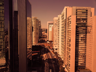 Aerial view of Santa Fe Mexico buildings and skyscrapers with mountain as background 