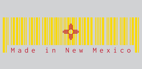 Naklejka premium Barcode set the color of New Mexico flag, The red and yellow of old Spain. The ancient Zia Sun symbol in red on yellow, text: Made in New Mexico. concept of sale or business.