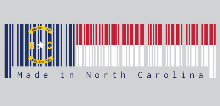 Barcode set the color of North Carolina flag, A blue union, a white star with N and C, the circle containing the same to be one-third the width of the union. text: Made in North Carolina.