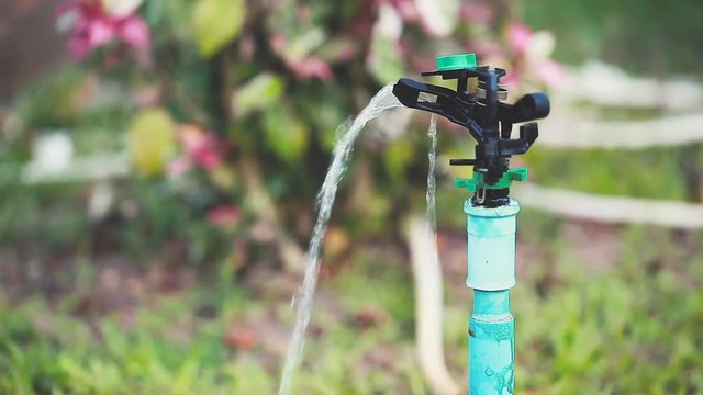 Automatic sprinkler at backyard on blurred nature background.