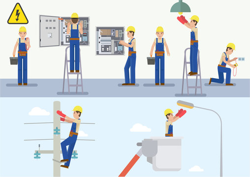 Vector illustration of electrician at work 