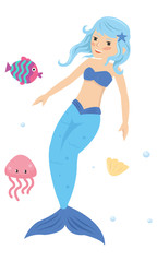 blue haired mermaid princess in the sea