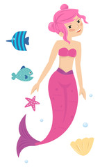 pink young pretty little mermaid princess in the sea
