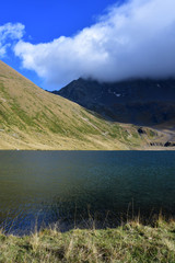 Russia, Arkhyz. Lake Chilik in cloudy weather