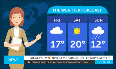 Young female weather reporter are work on the television - obrazy, fototapety, plakaty