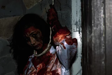 Foto op Plexiglas Scary bloody zombie woman in the hands hold ax/knife in the dark place  demon or devil ghost dangerous kill soul  Halloween concept © analysis121980