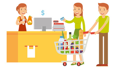 Obraz premium Vector illustration of husband and his wife are in the cashier to pay