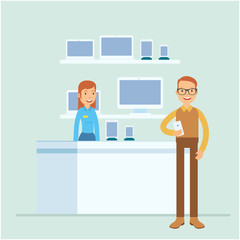 Cartoon of customer when he in the digital shop to buy computer and camera