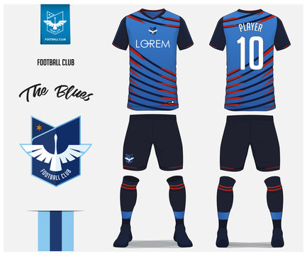 Soccer Jersey Or Football Kit Template Design For Football Club. Blue Football Shirt With Blue Socks And Blue Shorts Mock Up. Front And Back View Soccer Uniform. Football Logo Design. Vector 