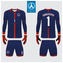 Fototapeta premium Goalkeeper jersey or soccer kit, long sleeve shirt, goalkeeper glove template design. Blue sport t-shirt mock up. Front and back view football uniform. Flat football logo. Vector Illustration.