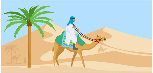 Arabian guy riding his camel trough desert