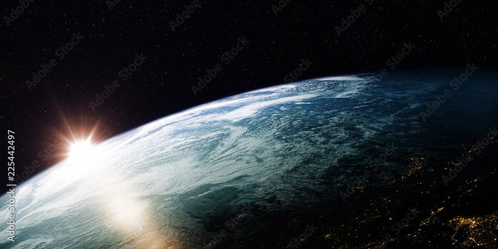 Poster A view of the Earth from outer space/3D Rendering rotating planet Earth with a sun-baked side and a dark side with the lights of cities. Some elements of the image provided by NASA