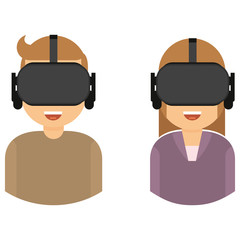 Two people using virtual reality glasses for playing game icon and flat style vector