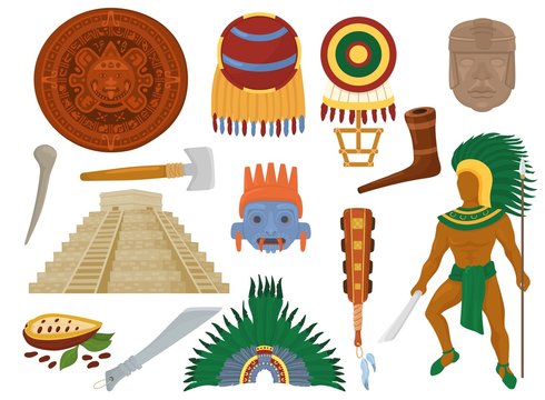Aztec vector mexican ancient culture in Mexico and maya man character of mayan civilization illustration set of traditional ethnic pyramid and ritual decoration symbol isolated on white background