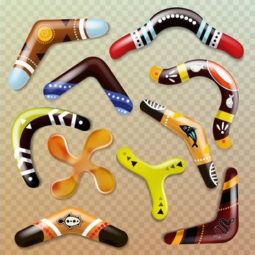 Boomerang Vector Aboriginal Throwing Weapon And Australian Souvenir Sport Toy In Australia Illustration Set Of Traditional Object Of Aborigines Boomerang-effect Isolated On Transparent Background