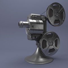 Old Cinema Projector, Vintage Movie or Video Concept. 3d Rendering Illustration Isolated on blue Background