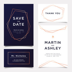 Wedding Invitation, art deco style invite thank you, rsvp modern card Design with navy blue and white gold geometrical polyhedron decorative Vector illustration luxury elegant template