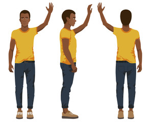 Fototapeta premium Vector illustration of three black men in casual clothes with hand up under the white background.Cartoon realistic people illustartion.Flat young man. Front view man, Side view man, Back side view man