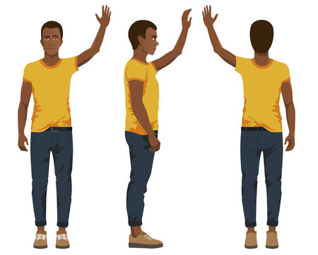 Vector illustration of three black men in casual clothes with hand up