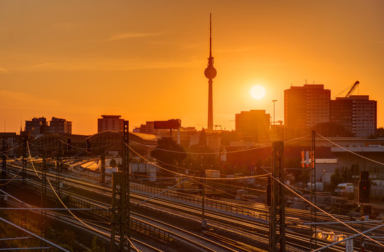 Sunset at the famous Television Tower in Berlin, Germany