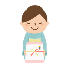 女性のイラスト。感謝の気持ちを込めた贈り物を渡している姿。