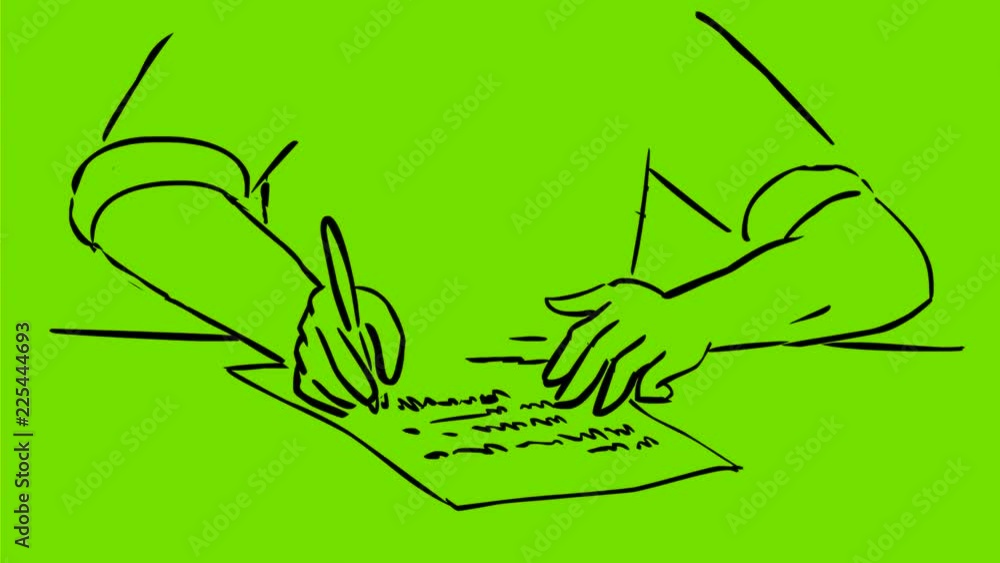 Poster 2d animation motion graphics drawing showing a man with pen writing on paper with right hand on whit