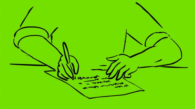 2d Animation motion graphics drawing showing a man with pen writing on paper with right hand on white screen, green screen with alpha matte in  HD high definition.