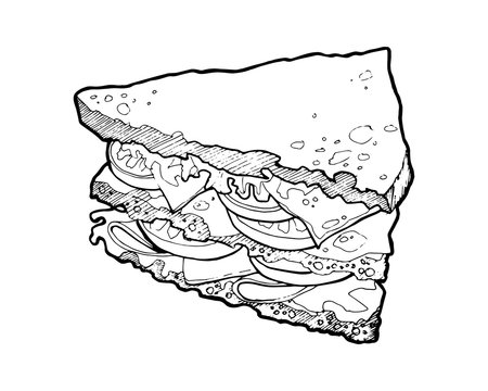 illustration of a sandwich.  Hand drawn food illustration. Fast food,junk food. Food vector picture isolated on white background.Vector illustration in sketch style. Hand drawn design elements.