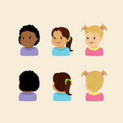 Smiling faces of girls children and back view,isolated characters,