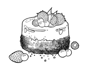 Sweet little cake with strawberry. Hand drawn food illustration. Fast food,junk food. Food vector picture isolated on white background.Vector illustration in sketch style. Hand drawn element.